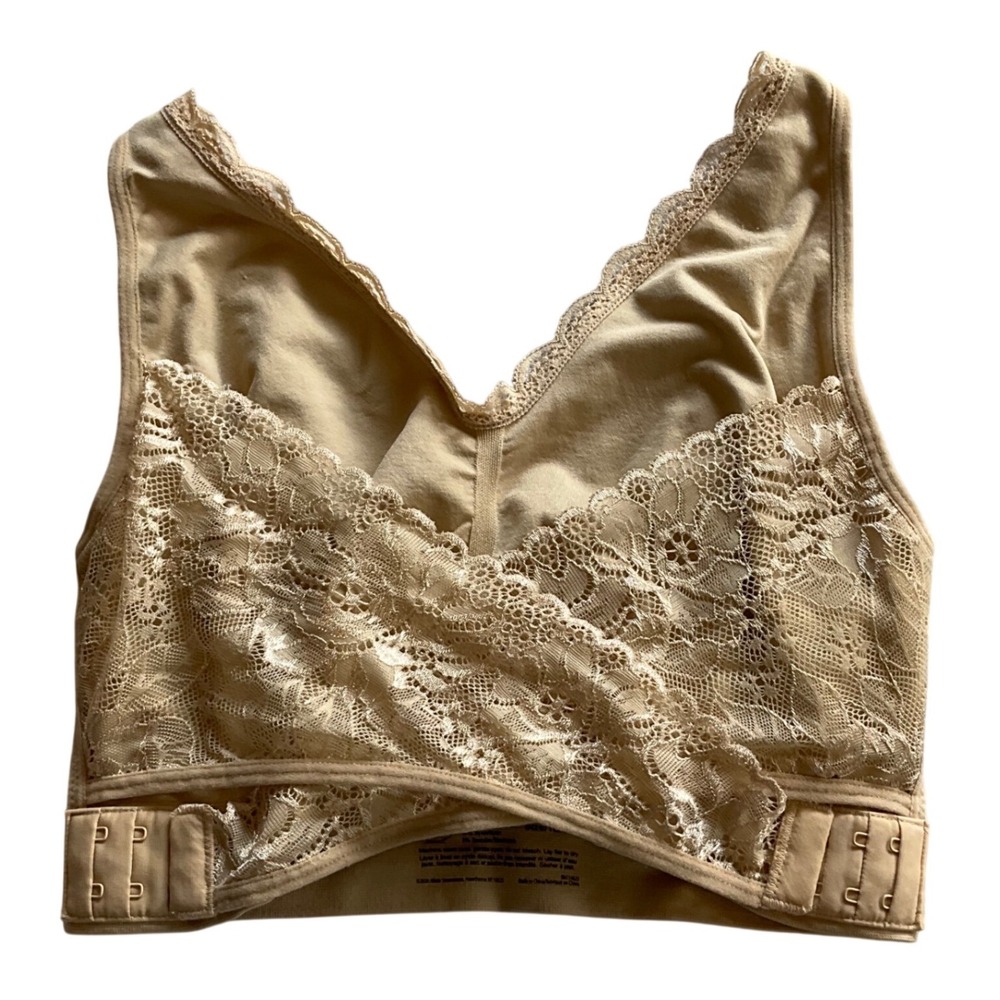 CaraMia Lace Front Cross Bra Women Large‎ Beige Floral Trim Adjustable Straps